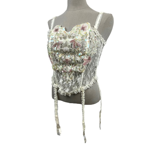 Vtg Victorias Secret Corset Bustier Ivory Lace Sequins Gold Label NWT Sz M - Picture 3 of 8